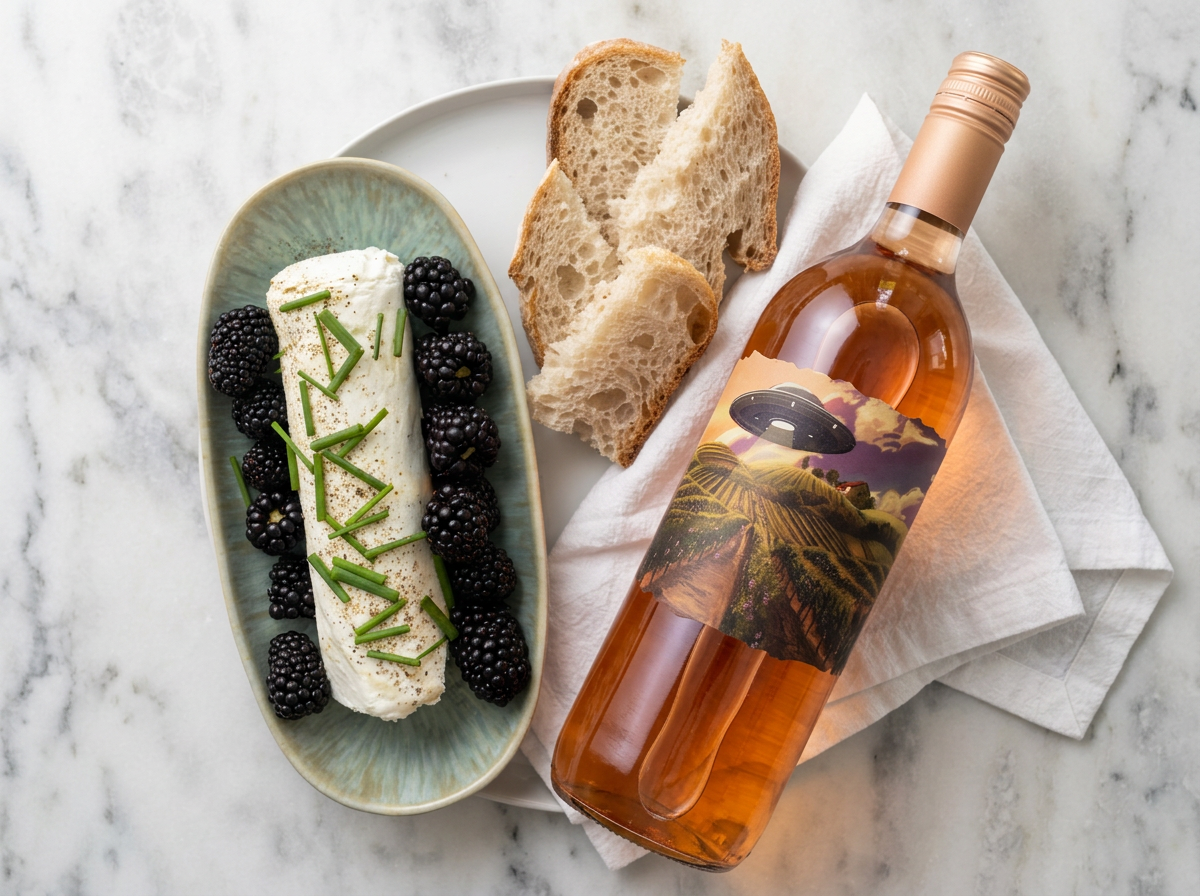 Grape Abduction Rosé + baked goat cheese with blackberries, olive oil, and honey