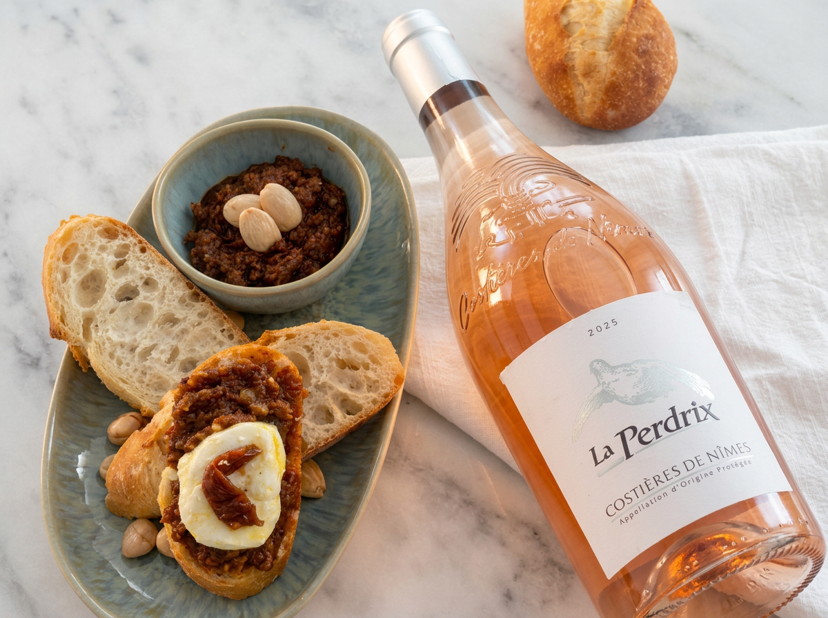La Perdrix Rosé + sun-dried tomato and almond pesto crostini